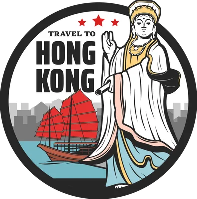 Hình minh họa du lịch Hong Kong với tượng Quan Âm, thuyền buồm và dòng chữ 'TRAVEL TO HONG KONG'.