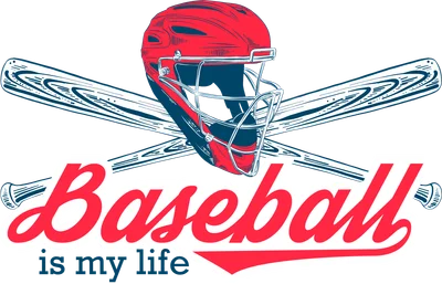 Hình ảnh mũ bóng chày màu đỏ và xanh dương, hai gậy bóng chày bắt chéo, chữ 'Baseball is my life' màu đỏ.