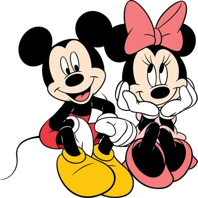 Hình ảnh hoạt hình Mickey Mouse và Minnie Mouse ngồi cạnh nhau, mỉm cười thân thiện trên nền xám.