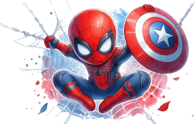 Hình vẽ chibi Người Nhện trong trang phục đỏ xanh, một tay bắn tơ, một tay cầm khiên Captain America, nền màu nước đỏ xanh.