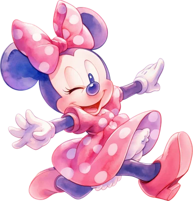 Hình ảnh Minnie Mouse hoạt hình đáng yêu trong trang phục hồng chấm bi, phong cách màu nước, đang nhảy múa vui vẻ.
