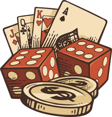 Hình minh họa các quân bài poker, hai viên xúc xắc đỏ và đồng xu vàng với ký hiệu đô la.