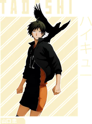 Hình ảnh anime Tadashi Yamaguchi từ Haikyuu với chim đen bay phía sau, mặc đồng phục bóng chuyền.