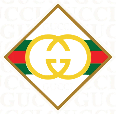 Logo Gucci hình thoi với biểu tượng hai chữ G lồng nhau và sọc xanh lá, đỏ, vàng trên nền xám có họa tiết chữ GUCCI lặp lại.