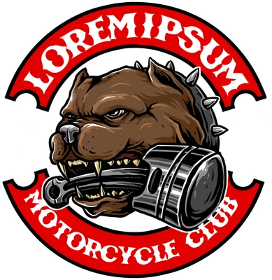 Hình ảnh minh họa chó Pitbull màu nâu hung dữ cắn piston, bao quanh bởi vòng tròn đỏ có chữ 'LOREM IPSUM' và 'MOTORCYCLE CLUB', cùng dòng chữ '1% MC'.