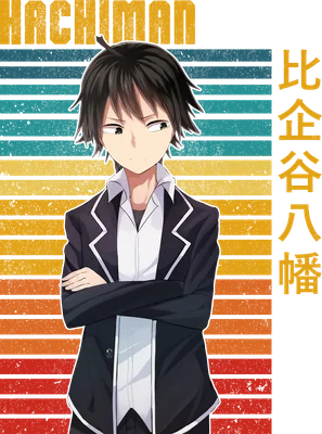 Hình ảnh chàng trai anime Hachiman mặc vest đen, áo sơ mi trắng, tay khoanh trước ngực, nền sọc ngang nhiều màu.