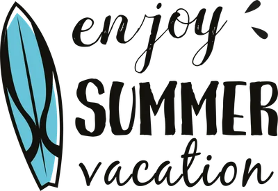 Hình ảnh ván lướt sóng màu xanh dương và chữ 'enjoy SUMMER vacation' màu đen trên nền xám.