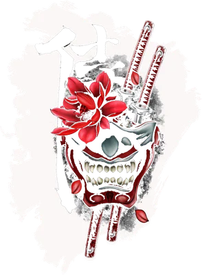 Mặt nạ Oni Nhật Bản màu đỏ với hoa sen đỏ và hai thanh kiếm katana, có chữ Hán mờ phía sau.