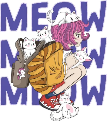 Cô gái anime dễ thương bên đàn mèo trắng