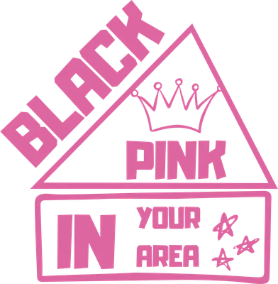Logo BLACKPINK với dòng chữ "BLACK IN YOUR AREA" và biểu tượng vương miện màu hồng nổi bật trên nền xám.