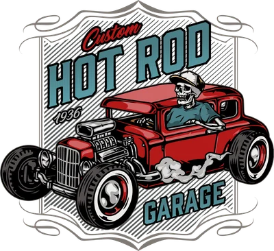 Hình minh họa đầu lâu lái xe ô tô cổ điển Hot Rod 1936 phong cách retro