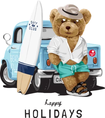 Hình minh họa gấu Teddy đội mũ, đeo kính râm, mặc đồ đi biển ngồi cạnh xe bán tải xanh và ván lướt sóng.