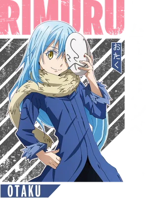 Nhân vật anime Rimuru Tempest tóc xanh, mặc áo choàng xanh, đeo khăn choàng lông, cầm mặt nạ trắng.