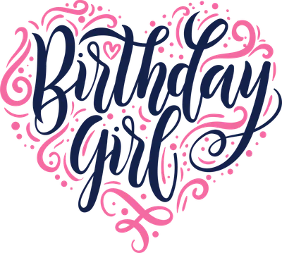 Hình trái tim với chữ 'Birthday girl' viết tay màu xanh navy và họa tiết xoắn ốc màu hồng.