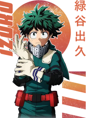Hình vẽ nhân vật anime Deku trong trang phục anh hùng, đeo mặt nạ, găng tay trắng, thắt lưng đỏ, với nền xám và hình tròn cam phía sau.