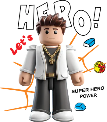 Hình ảnh nhân vật Roblox "Hero" mặc áo khoác trắng, quần đen, đeo dây chuyền vàng chữ thập, với chữ "Let's HERO!" và "SUPER HERO POWER"