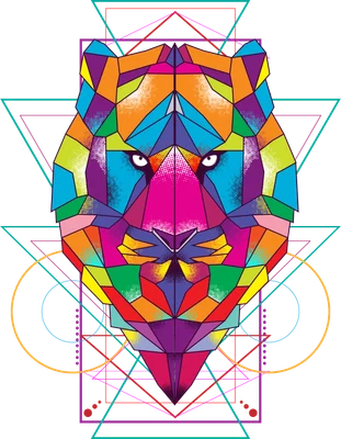 Hình ảnh mặt hổ với các mảng màu đa giác sặc sỡ, phong cách geometric, trên nền xám.