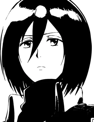 Hình ảnh chân dung Mikasa Ackerman, nhân vật anime với mái tóc đen ngắn và biểu cảm trầm tư, được vẽ theo phong cách đen trắng.