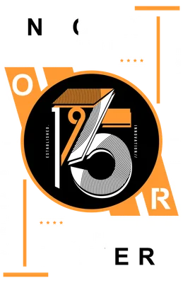 Hình ảnh thiết kế đồ họa typography hiện đại với số 1975, chữ NOW, NEVER, UNLIMITED, WORKHARD, DREAMBIG trên nền xám, đen, cam.