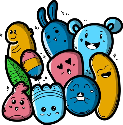 Tranh vẽ nhiều nhân vật doodle màu sắc sặc sỡ, hình dạng ngộ nghĩnh, biểu cảm vui tươi.