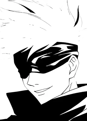 Hình vẽ nhân vật anime Gojo Satoru với mái tóc trắng bồng bềnh, đeo băng bịt mắt, đang mỉm cười.