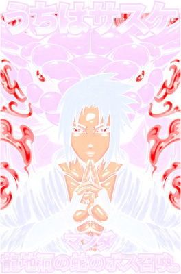 Hình vẽ Sasuke Uchiha với đôi mắt đỏ, tay chắp trước ngực, phía sau là đầu rắn Manda khổng lồ màu tím.