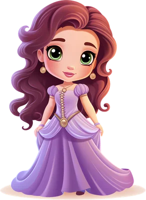 Hình ảnh công chúa chibi hoạt hình tóc nâu dài, mắt xanh to, mặc váy tím lộng lẫy, đeo khuyên tai ngọc trai.
