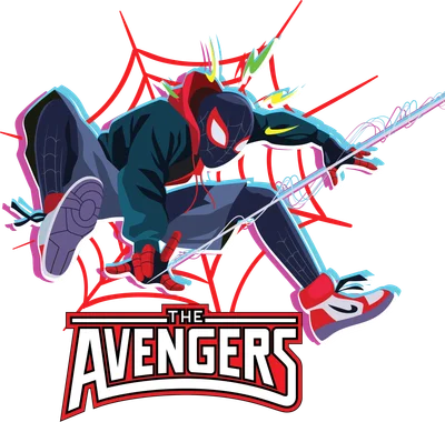 Hình ảnh hoạt hình Spider-Man Miles Morales đang tung lưới, với logo The Avengers bên dưới.