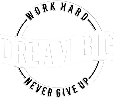 Thiết kế typography hình tròn với các dòng chữ động lực: Work Hard, Dream Big, Never Give Up màu trắng và đen.