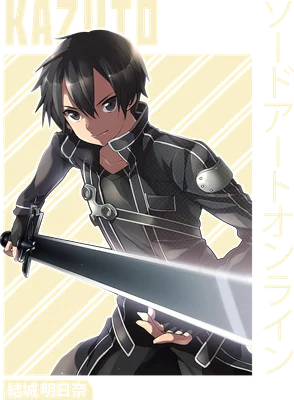 Hình Kirito Sword Art Online cầm kiếm, phong cách anime, với chữ KAZUTO và tên tiếng Nhật.