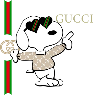 Hình ảnh Snoopy đeo kính mắt trái tim sọc xanh đỏ, mặc áo len in họa tiết Gucci, trên nền xám.