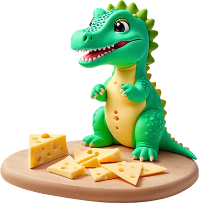 Hình ảnh 3D chú khủng long xanh lá cây hoạt hình đáng yêu ngồi cạnh nhiều miếng phô mai vàng trên thớt gỗ.