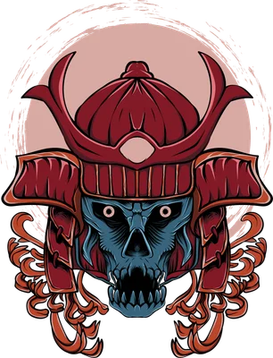 Hình minh họa đầu lâu đội mũ giáp Samurai Nhật Bản với họa tiết hoa cúc cách điệu