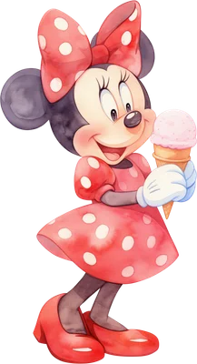Minnie Mouse hoạt hình vui vẻ trong váy chấm bi đỏ, cầm kem ốc quế màu hồng, vẽ theo phong cách màu nước.