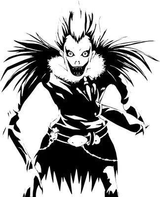 Hình vẽ Ryuk từ Death Note với nụ cười nham hiểm, tóc dựng đứng và bộ lông quanh cổ.