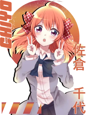 Hình ảnh cô gái anime tóc cam buộc nơ chấm bi, mặc đồng phục, giơ hai ngón tay theo ký hiệu hòa bình, biểu cảm dễ thương.