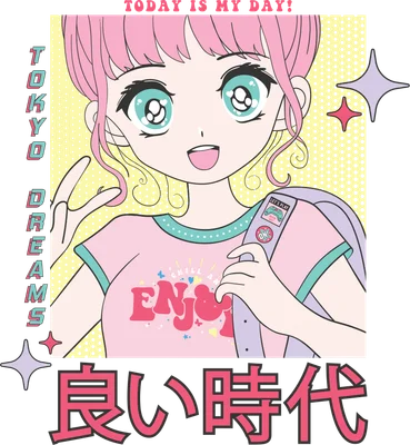 Hình ảnh cô gái anime tóc hồng, mắt to tròn, mặc áo phông hồng có chữ 'ENJOY', đeo ba lô, phong cách Kawaii.