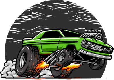 Hình minh họa xe hot rod màu xanh lá cây đang bốc đầu, lửa phụt từ ống xả và khói từ lốp xe, phong cách hoạt hình.