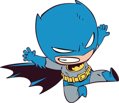 Hình vẽ chibi Batman mặc trang phục màu xanh và xám, đang thực hiện động tác bay lượn.