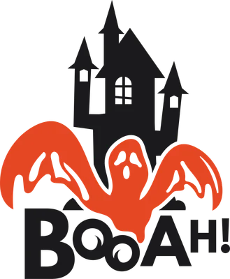 Hình ảnh minh họa Halloween với lâu đài ma ám màu đen và bóng ma màu cam phát sáng, kèm chữ 'BOOAH!'