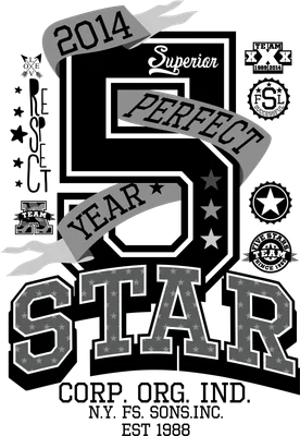 Hình in đồ họa số 5 lớn, chữ STAR, banner và các dòng chữ phong cách đại học màu đen trắng xám.