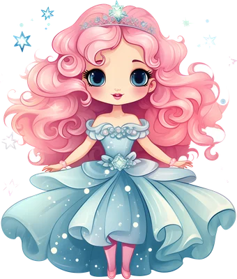 Hình ảnh công chúa hoạt hình chibi tóc hồng bồng bềnh, váy xanh lấp lánh, đội vương miện, mắt to tròn đáng yêu.
