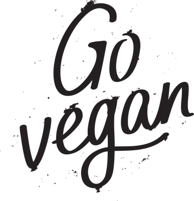 Chữ viết tay "Go Vegan" màu đen trên nền xám, phong cách vintage.