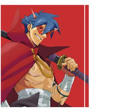 Hình vẽ Kamina từ anime Gurren Lagann, tóc xanh, đeo kính đỏ, mặc áo choàng đỏ, cầm kiếm, trên nền đỏ.