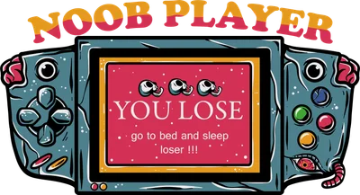 Hình minh họa máy chơi game cầm tay phong cách zombie với chữ "NOOB PLAYER" và thông báo "YOU LOSE" trên màn hình.
