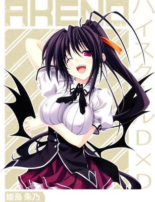 Hình ảnh Akeno Himejima, nhân vật anime với mái tóc đen dài, mắt tím, mặc đồng phục học sinh, có đôi cánh đen.