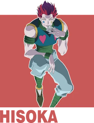 Hình ảnh nhân vật Hisoka trong anime Hunter x Hunter, tư thế cúi người, biểu cảm bí ẩn.