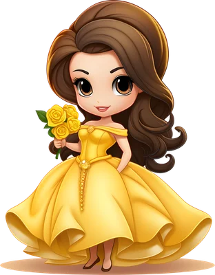 Hình minh họa công chúa Belle phiên bản chibi đáng yêu trong chiếc váy vàng, tay cầm bó hoa hồng vàng.