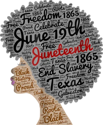 Hình ảnh Juneteenth với chữ 'June 19th' lớn, 'Juneteenth' màu đỏ, và các từ như 'Freedom', 'End Slavery', 'Black History', 'Texas', 'Galveston' tạo thành kiểu tóc afro.