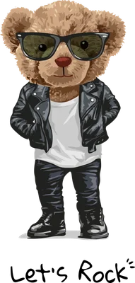 Hình vẽ gấu Teddy đội kính râm, mặc áo khoác da, quần jeans và giày bốt, phong cách rocker.